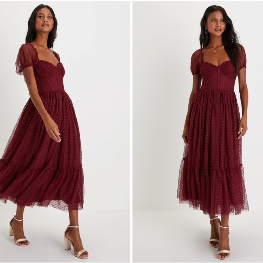 LULU's Sexy Wedding Elegant Boho Sweet Swiss Dot Tulle Chic Midi Dress - Picture 4 of 6